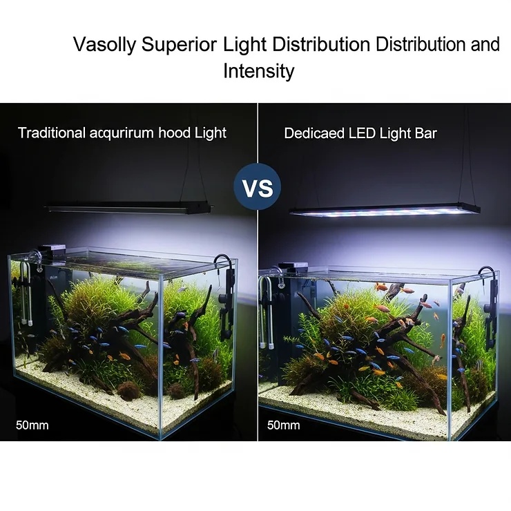 Visual comparison illustrating the superior light distribution and intensity of a dedicated light bar versus a traditional aquarium hood light.
