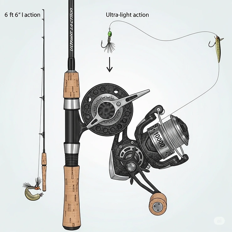 An illustration highlighting a lightweight spinning rod combo for precise finesse fishing techniques and smaller lures.