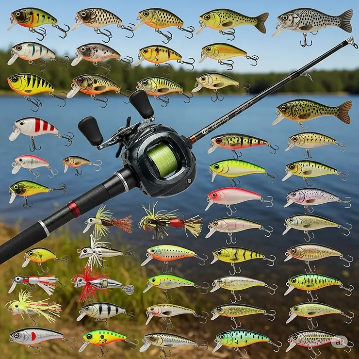 Collection of popular fishing lures (e.g., crankbaits, jigs, topwater) commonly used with a baitcaster fishing rod combo for different species and conditions.