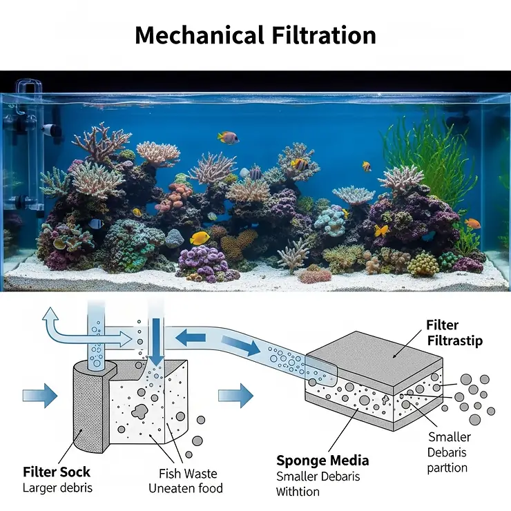Diagram illustrating common mechanical filtration media like filter socks and sponges, showing how they capture particulate matter in a marine fish tank.