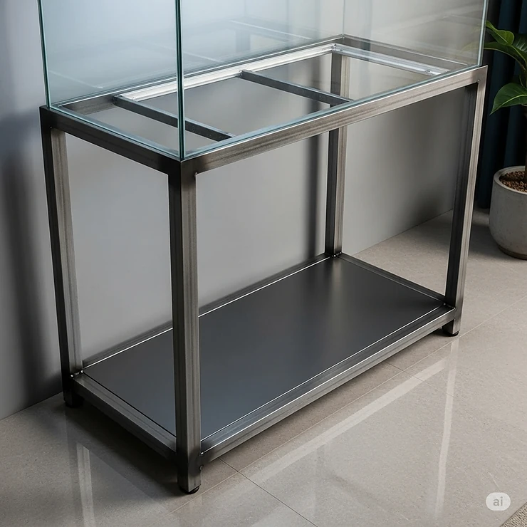 Sleek black metal fish tank stand supporting a large, illuminated aquarium, showcasing its sturdy design and modern aesthetic.