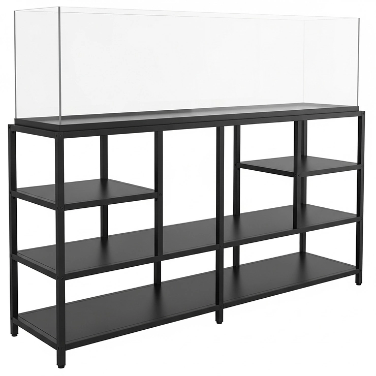 Empty metal fish tank stand featuring convenient lower shelves for storing aquarium supplies and accessories.