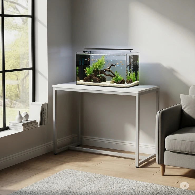A minimalist fish tank table with clean lines, supporting a small to medium-sized aquarium, perfect for modern interior designs.