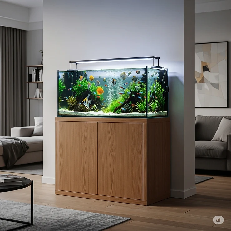 A sleek, modern wooden fish tank stand seamlessly integrated into a contemporary living room, showcasing a beautifully lit aquarium with vibrant fish.