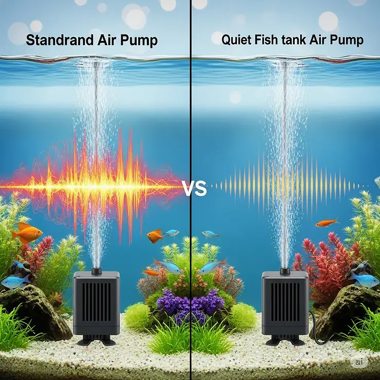 Visual comparison demonstrating the significant reduction in sound waves achieved by a quiet fish tank air pump compared to a standard, noisy model.