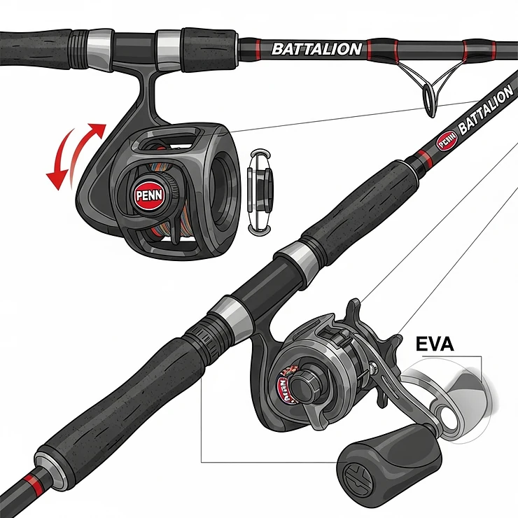 Illustration of a Penn Battalion surf rod, emphasizing its strong blank and comfortable grip designed for casting long distances from the shore.