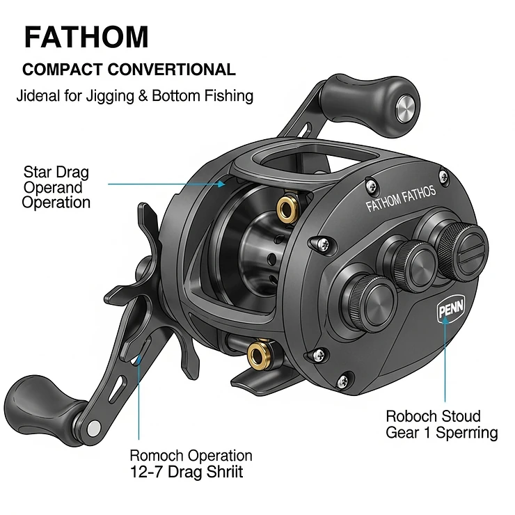 An illustration of a Penn Fathom star drag conventional reel, highlighting its compact design and powerful drag system suitable for jigging and bottom fishing.