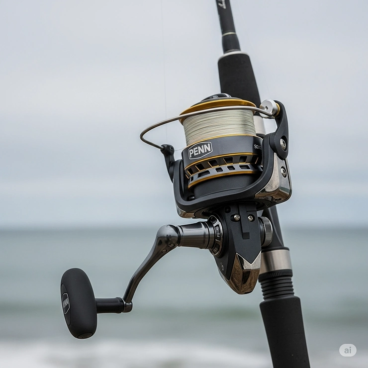 Penn fishing rod and reel combo set up for saltwater angling, showcasing its durable construction and ready-to-use design.