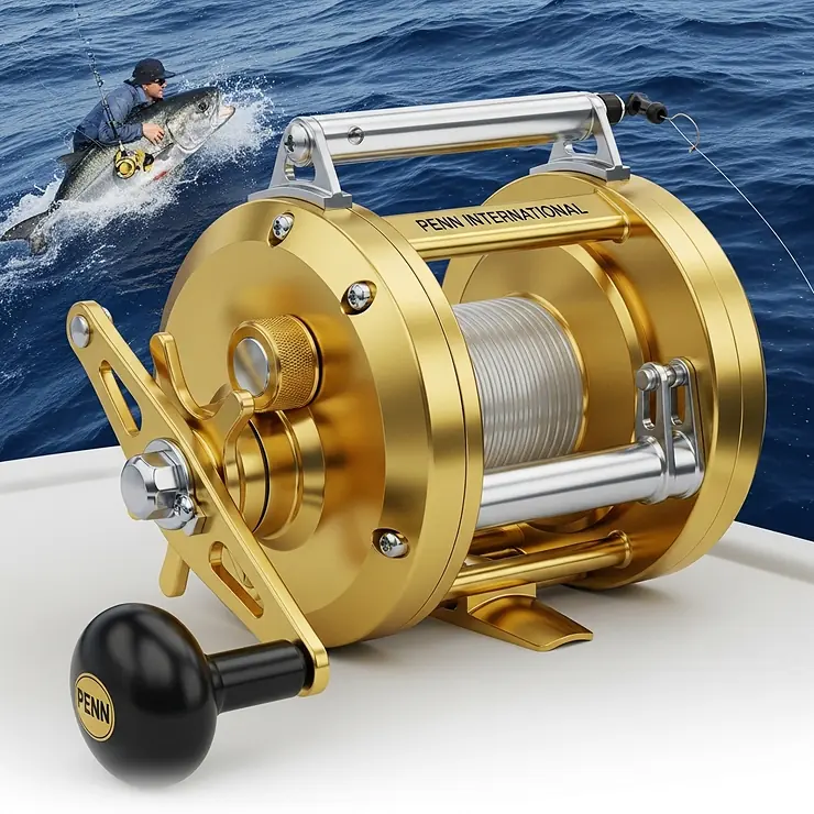 Detailed illustration of a gold Penn International big game reel, showcasing its classic design and heavy-duty construction for offshore fishing.