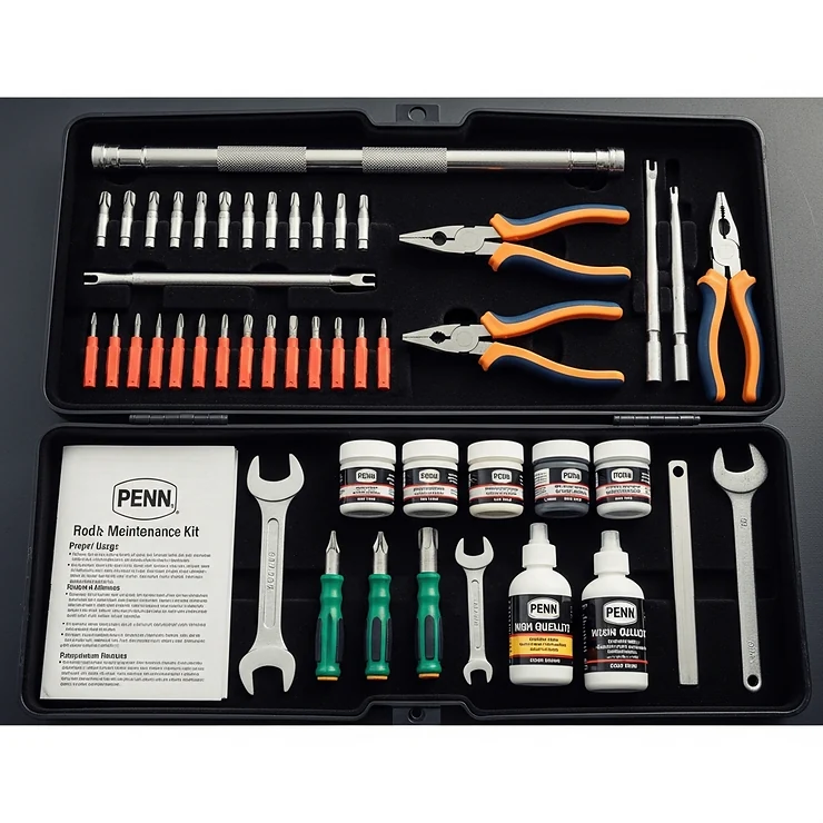 Assortment of tools and lubricants in a Penn rod and reel maintenance kit, indicating proper care for extending the life of Penn fishing tackle.