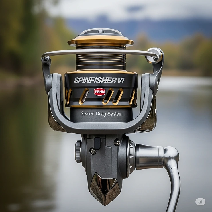 Close-up view of a Penn Spinfisher VI spinning reel, highlighting its robust metal body and sealed drag system ideal for various fishing conditions.