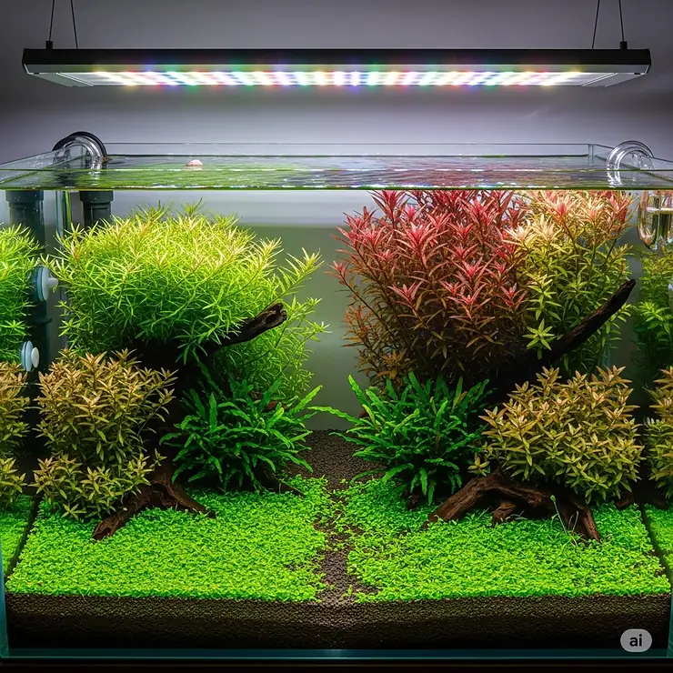 An overhead light bar providing ideal illumination for a lush planted aquarium, demonstrating healthy aquatic plant growth.