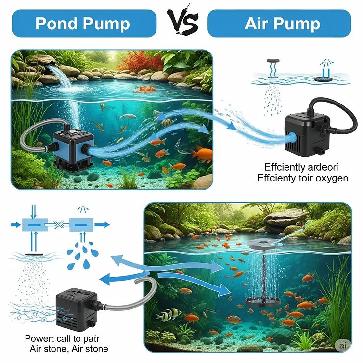 Comparison chart highlighting the differences and benefits of using a pond pump versus an air pump for maintaining a healthy environment for fish.