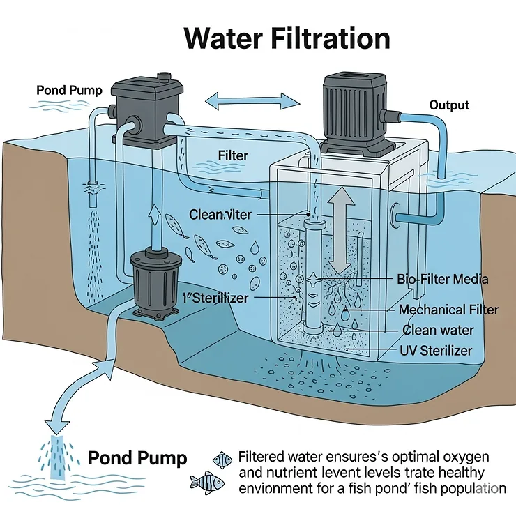 Graphic illustrating the filtration process of a pond pump, showing how it removes debris and improves water quality for happy fish.