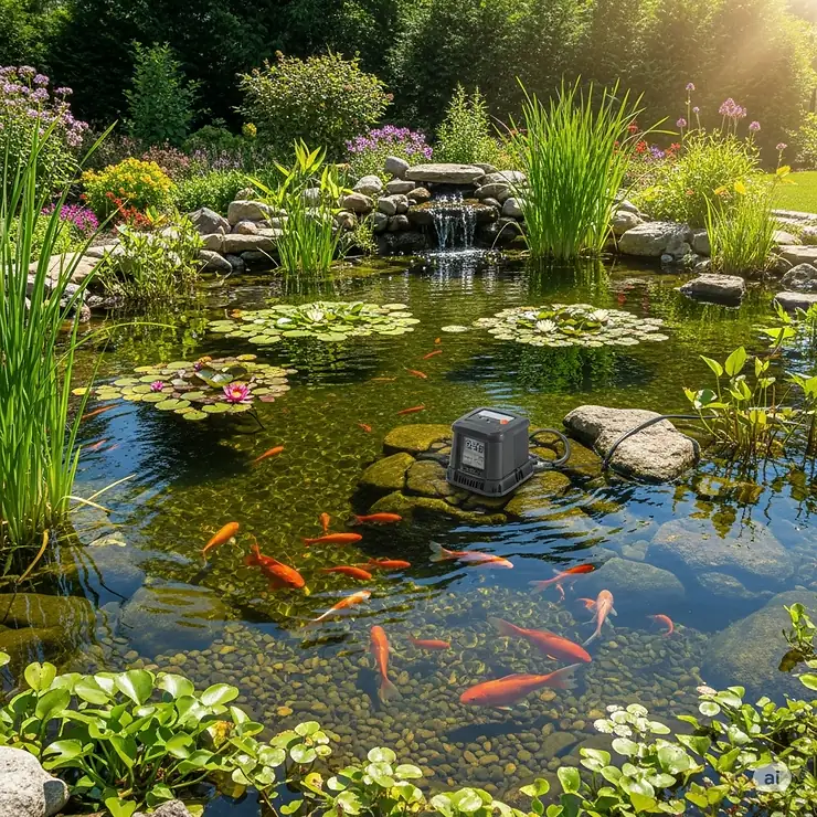 A vibrant backyard pond featuring healthy fish swimming near a discreetly placed pond pump, circulating clear water for an optimal aquatic environment.