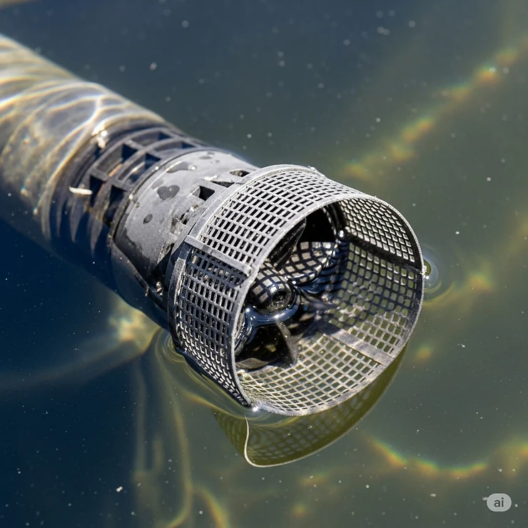 Close-up view of a pond pump intake featuring a protective guard, ensuring the safety of fish while maintaining efficient water circulation.