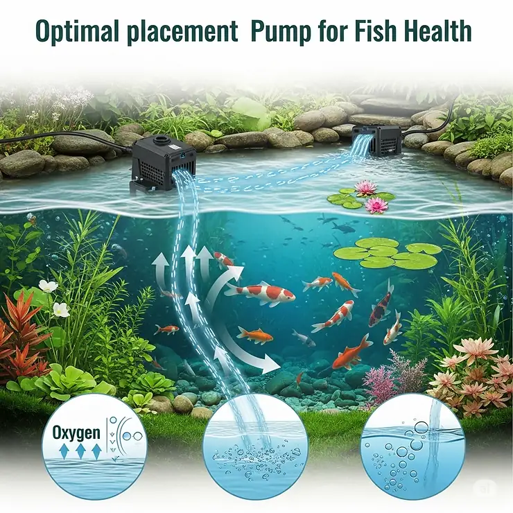 Visual guide demonstrating optimal pond pump placement in a fish pond to maximize water flow and oxygenation for healthy fish.