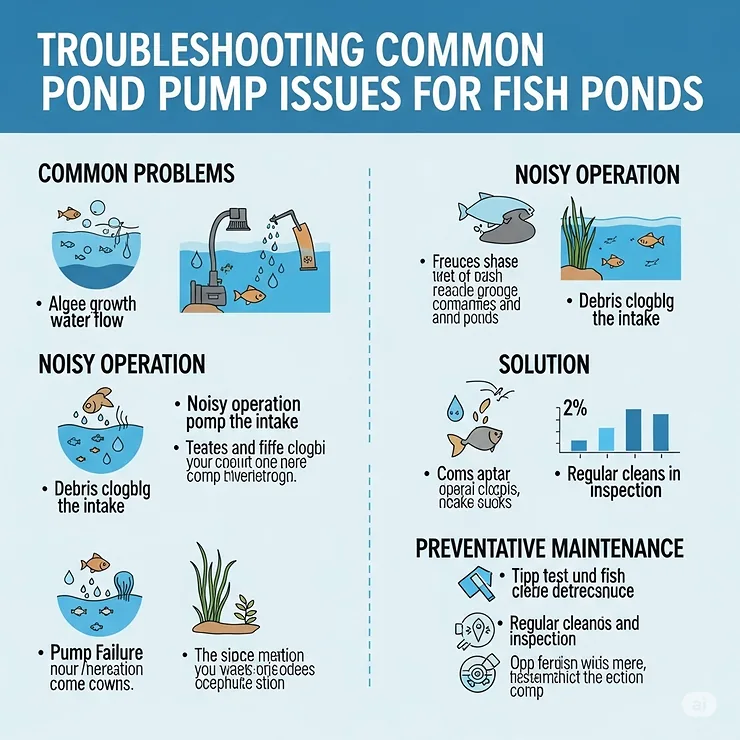 Infographic providing common troubleshooting tips for pond pump issues, specifically addressing how they impact the well-being of fish.