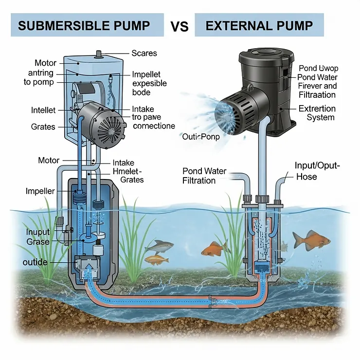 Diagram illustrating various pond pump types suitable for different fish pond setups, ensuring proper water circulation and filtration.