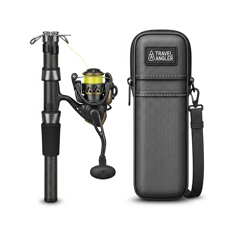 An illustration of a compact, portable spinning rod combo, ideal for anglers who need easy transport and storage.
