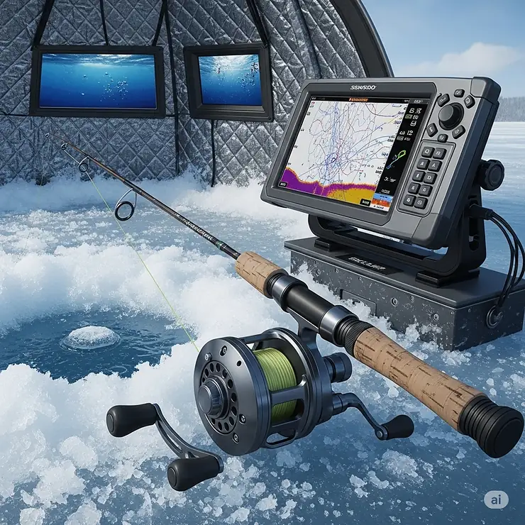 Detailed illustration of a professional ice fishing setup, featuring a high-quality rod, reel, and electronics for advanced anglers.