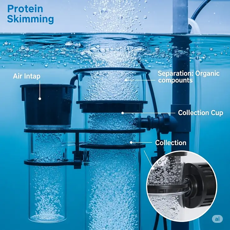 Close-up illustration of a protein skimmer in operation, demonstrating how it removes organic waste from a marine fish tank, a key component of robust filtration.