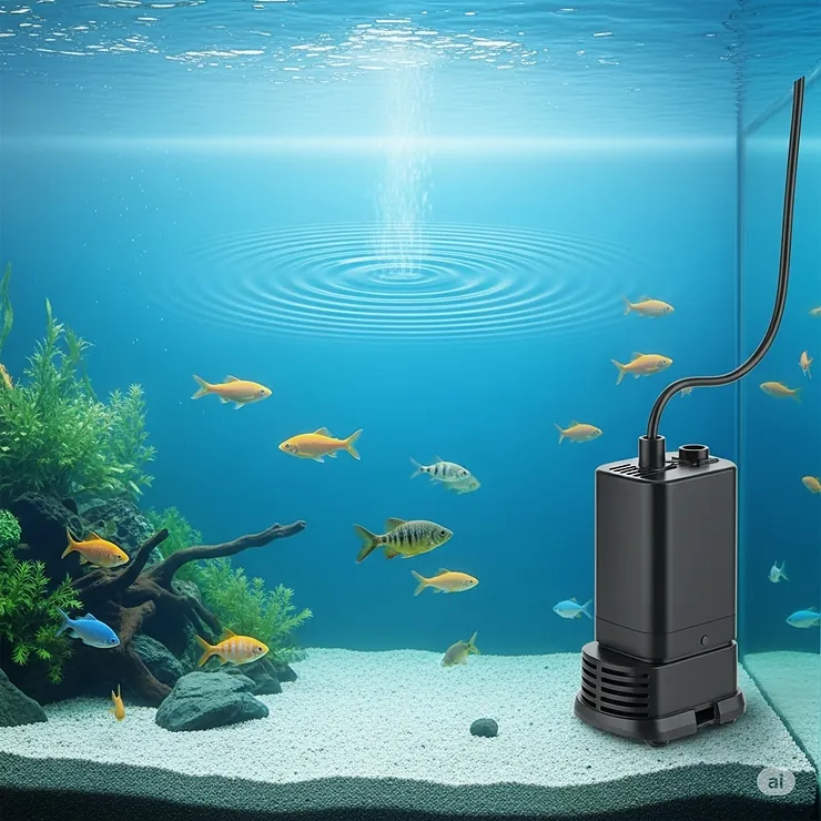 A quiet-running water pump effectively circulating water in a home fish tank, ideal for minimizing noise.