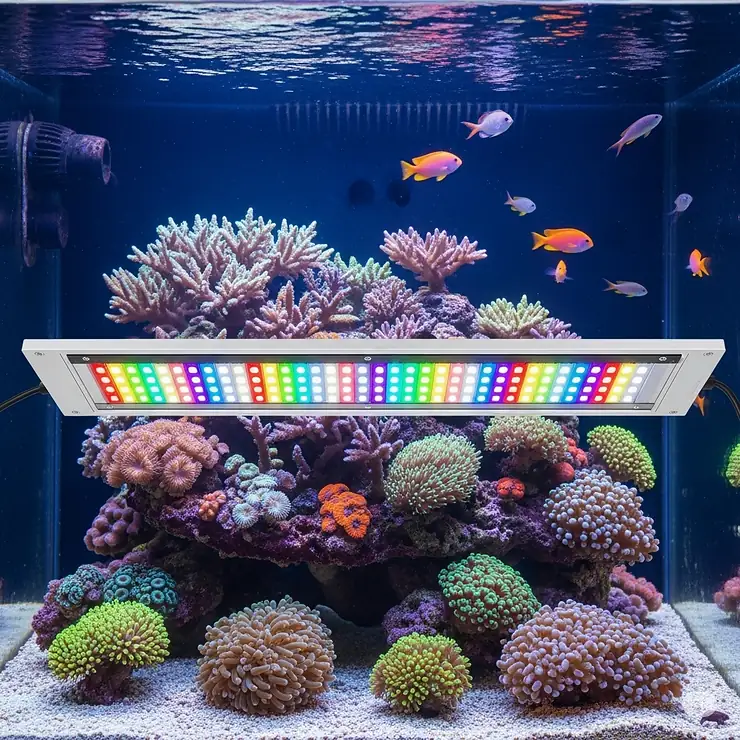 Specialized LED light bar specifically designed for saltwater reef tanks, providing optimal spectrums for coral growth and vibrant marine life.