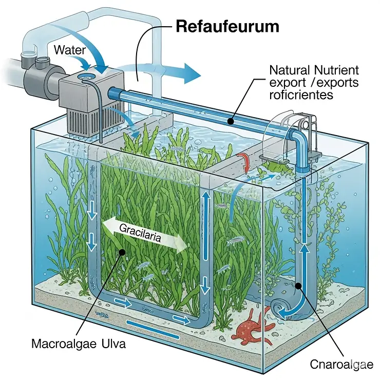 Illustration of a refugium integrated into a marine fish tank filtration setup, showing macroalgae growth and its benefits for nutrient export and water quality.