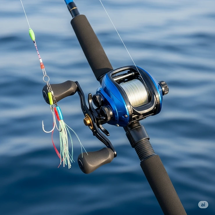 A close-up shot of a high-performance saltwater fishing rod and reel combo, perfectly rigged for offshore angling.