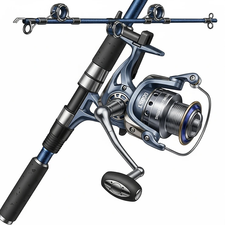 An illustration of a robust, corrosion-resistant spinning rod and reel combo, perfect for saltwater fishing environments.