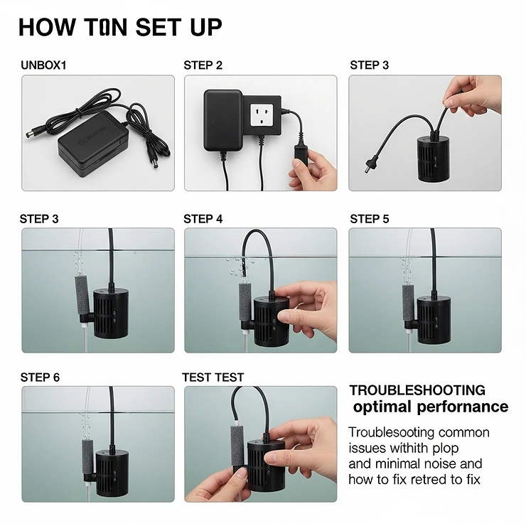 Simple, step-by-step visual guide on how to easily set up a quiet fish tank air pump for optimal performance and minimal noise.