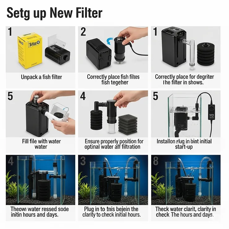 Step-by-step visual guide on setting up a new Tetra fish filter in an aquarium, from unboxing to proper placement and initial start-up.