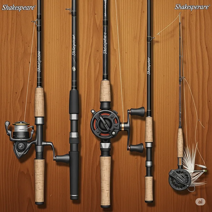 Collection of various Shakespeare fishing rods, including spinning, casting, and fly models, illustrating the range of options available for different fishing needs.