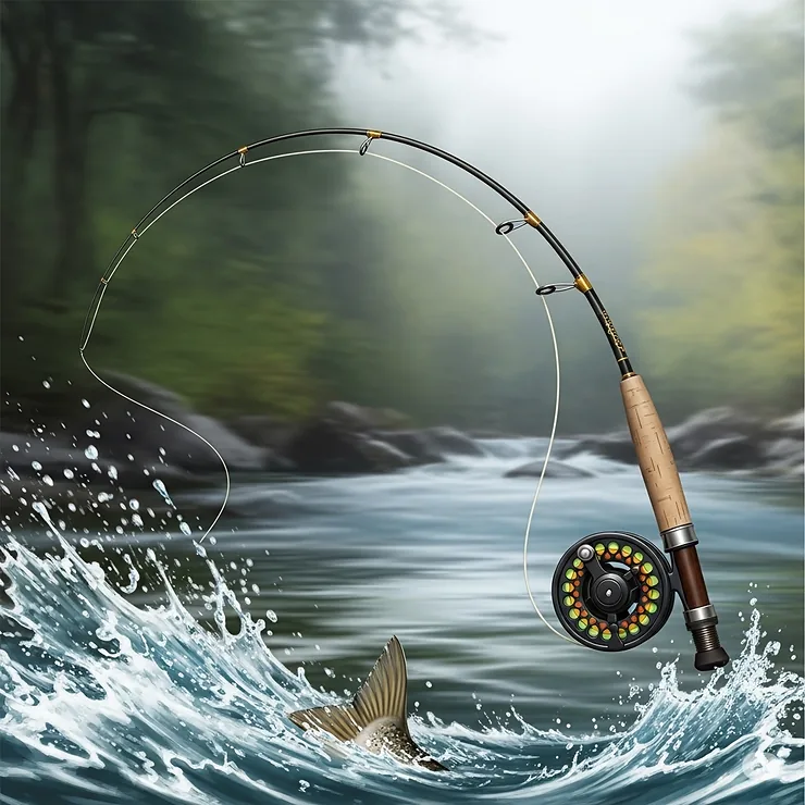 Dynamic illustration of a Shakespeare fly fishing rod bent, indicating a fish on the line, showcasing its flexibility and responsiveness.