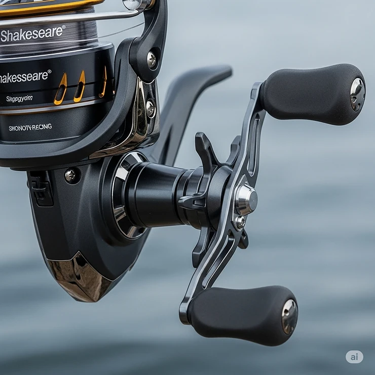 Close-up view of a Shakespeare spinning reel, highlighting its smooth drag system and comfortable handle, perfect for freshwater and light saltwater fishing.