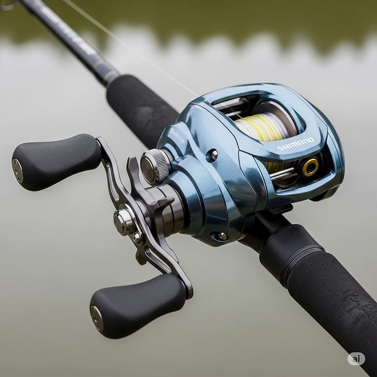Detailed view of a Shimano baitcasting reel, part of a reliable fishing rod reel combo, highlighting its ergonomic design and precision engineering.