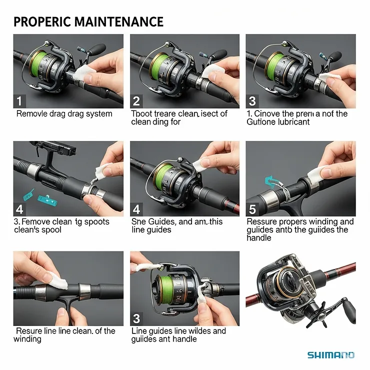 Visual tips for proper maintenance of a Shimano fishing rod and reel combo, ensuring longevity and optimal performance for avid anglers.
