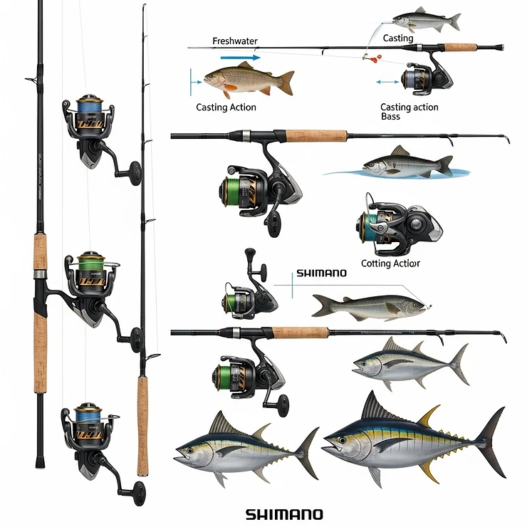 Visual guide showcasing different sizes of Shimano fishing rod and reel combos, suitable for targeting various fish species from freshwater to saltwater.