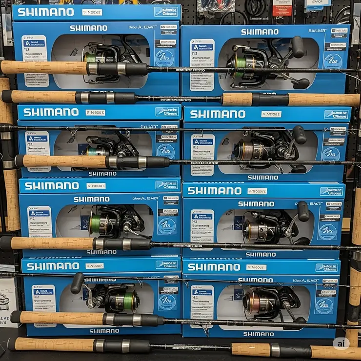 Neatly stacked, packaged Shimano fishing rod and reel combos, ready for retail, representing popular and reliable fishing gear options.