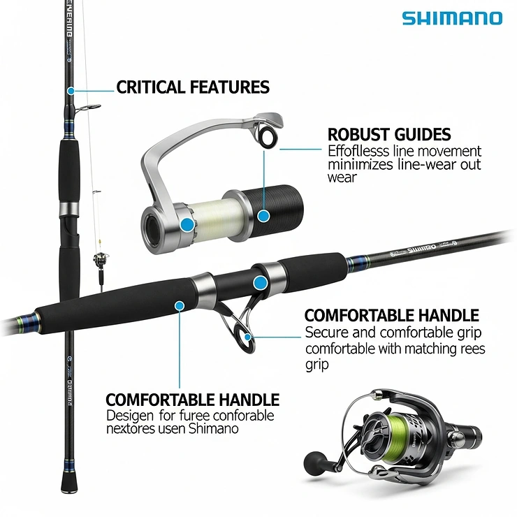 Infographic highlighting key features of a Shimano fishing rod, such as durable guides and comfortable handle, integral to a high-quality rod reel combo.