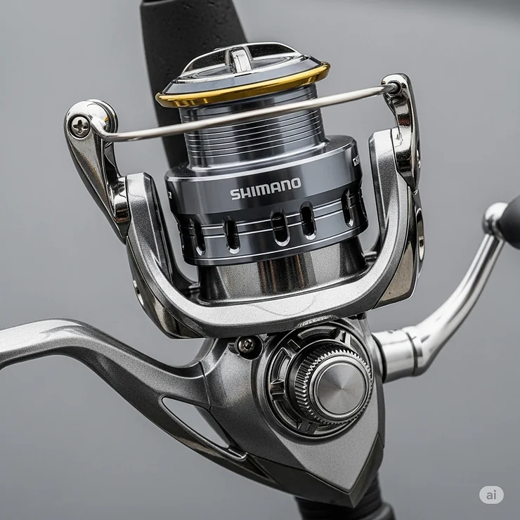Close-up of a smooth Shimano spinning reel, an essential component of a versatile fishing rod reel combo, built for responsive retrieve.
