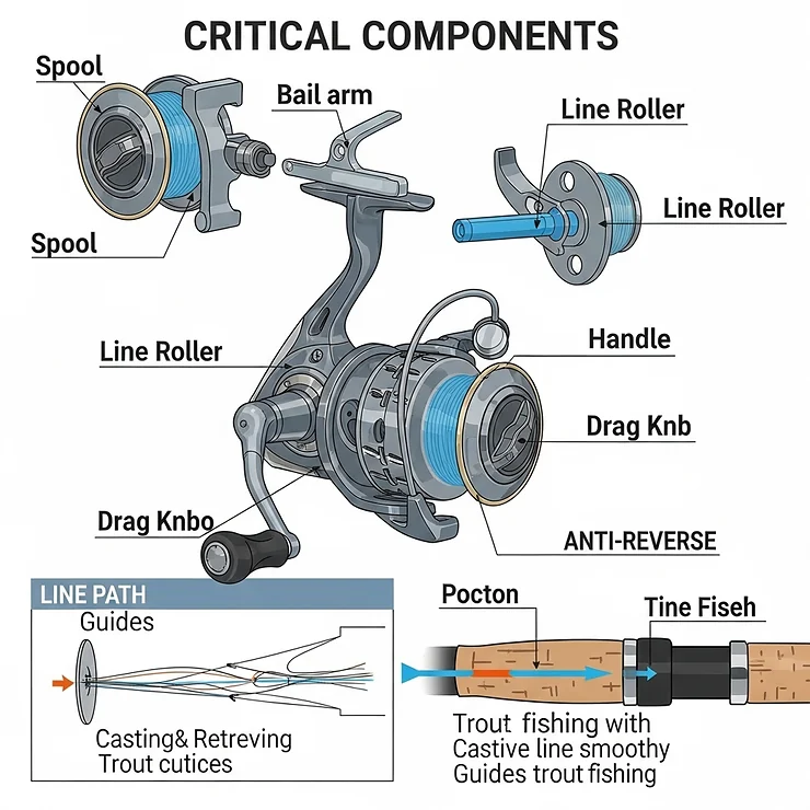 Diagram illustrating the key components of a spinning reel, essential for effective trout fishing.