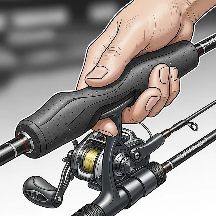 A detailed illustration focusing on the ergonomic grip of a premium spinning rod combo, ensuring comfort during long fishing sessions.