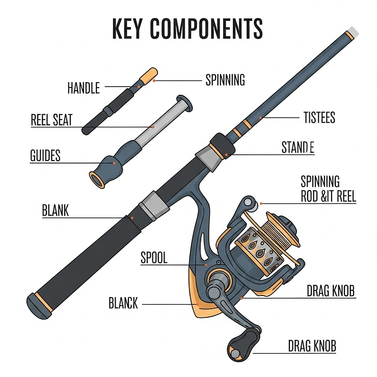 An infographic illustrating the key components of a spinning rod and reel, commonly recommended as the best fishing setup for beginners due to its versatility and ease of use.