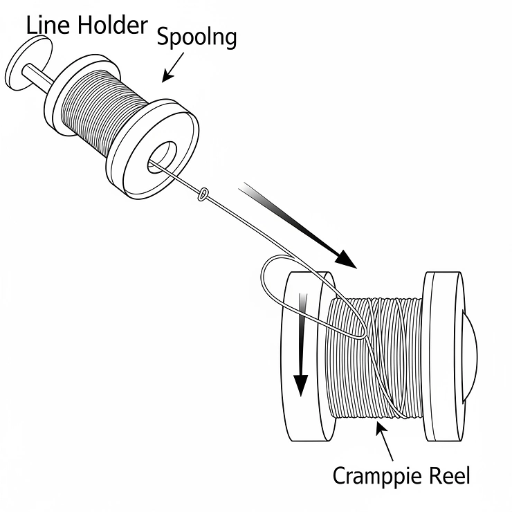A simple diagram showing line being spooled onto a crappie reel.