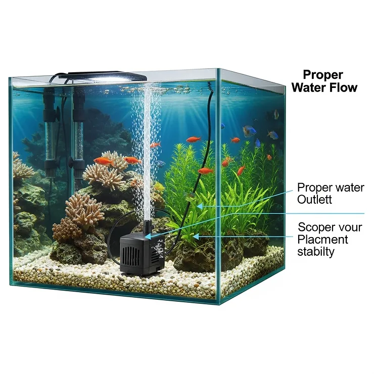 Correct placement of a submersible water pump inside a fish tank, ensuring optimal water flow and aeration.