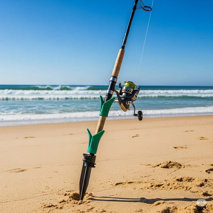 A surf fishing rod and reel combo securely placed in a sturdy sand spike, a common accessory for hands-free surf fishing.