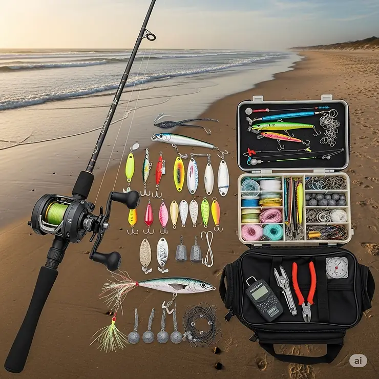 An overview of a complete surf fishing tackle setup, featuring a versatile rod and reel combo along with essential accessories for a successful fishing trip.
