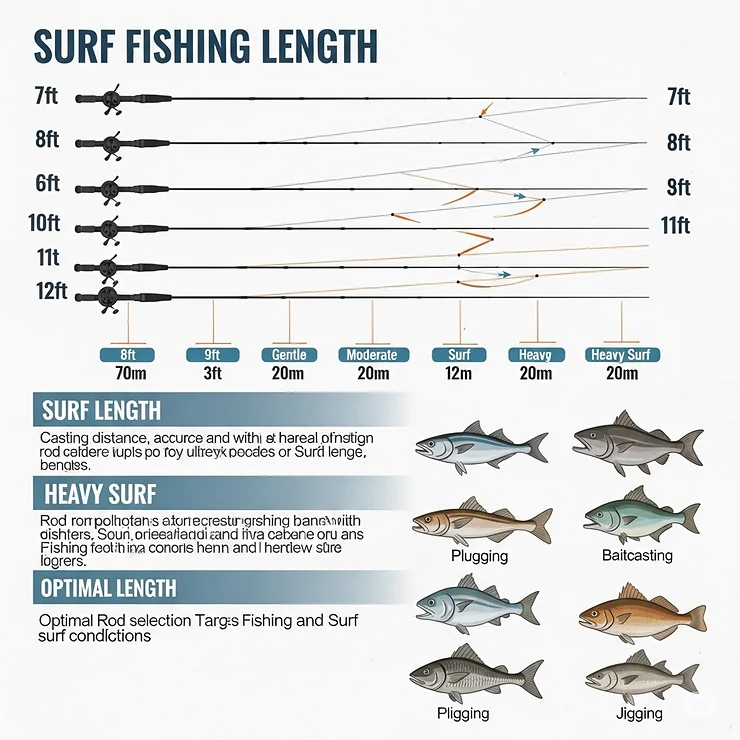 Comparison of various surf fishing rod lengths, highlighting the ideal sizes for different surf conditions and fishing styles.